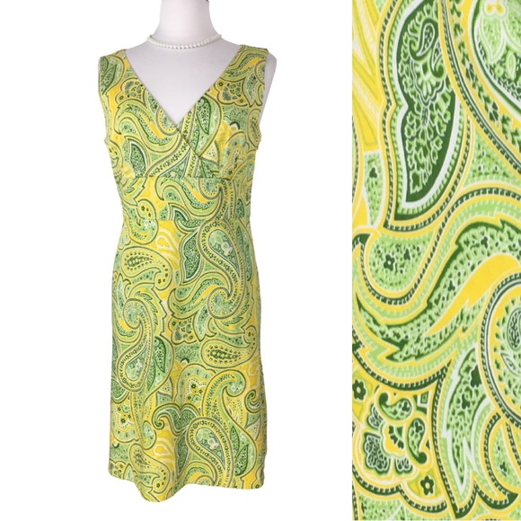 Spense Dresses & Skirts - Spense Paisley Yellow and Green Cotton Surplice V-Neck Sleeveless Midi Dress 12